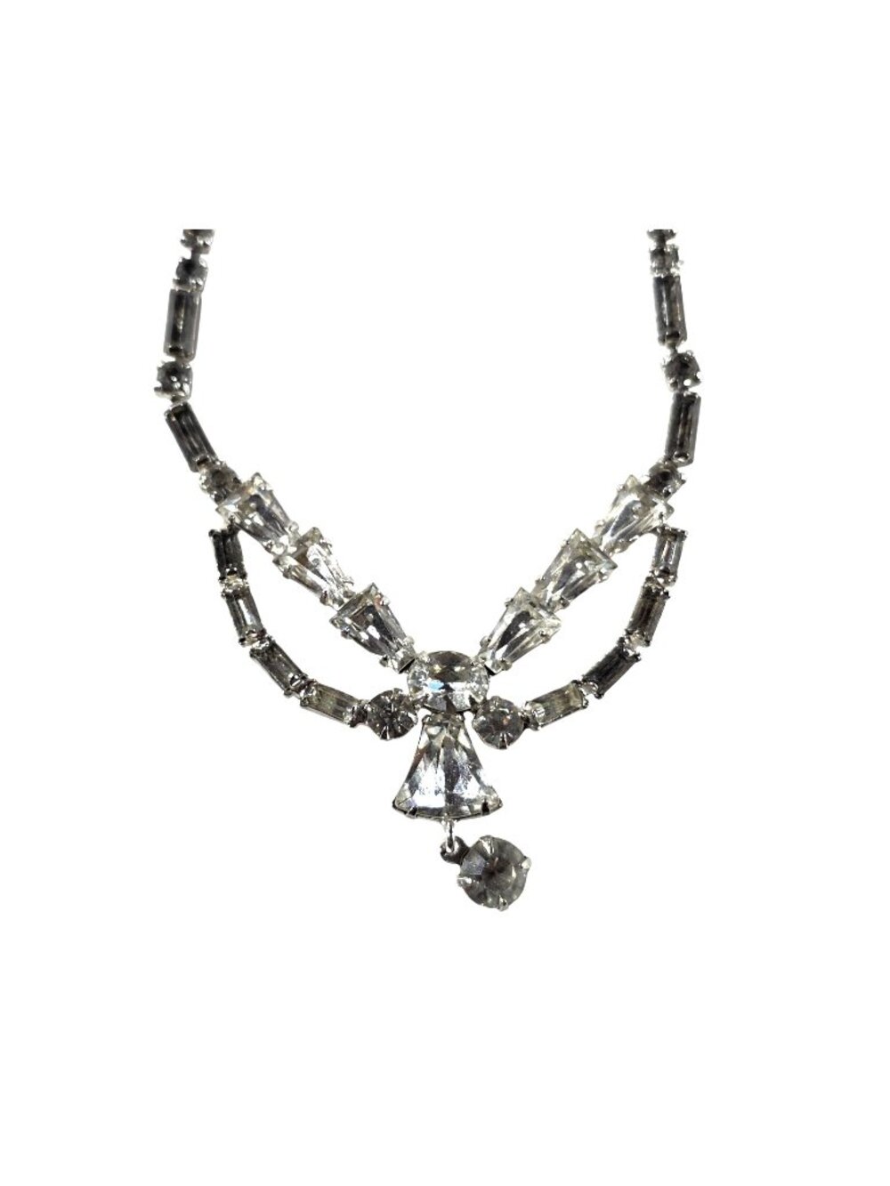 Vtg Leo Glass Rhinestone Silver-Tone Necklace Neutral Elegant Womens Jewelry